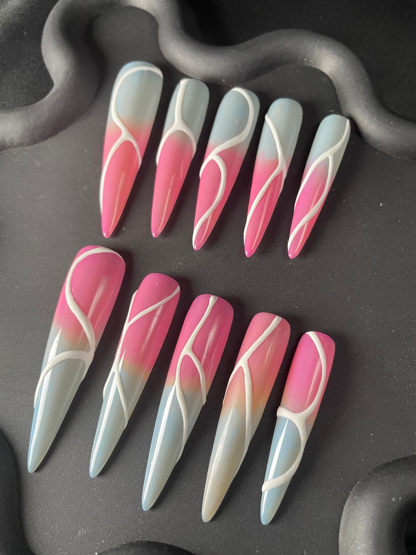 Pink Grey Swirl Stiletto Ombre Nails