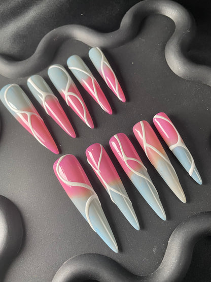 Pink Grey Swirl Stiletto Ombre Nails