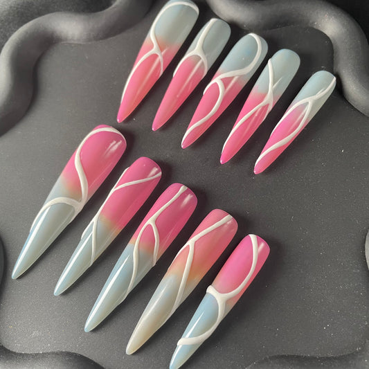 Pink Grey Swirl Stiletto Ombre Nails