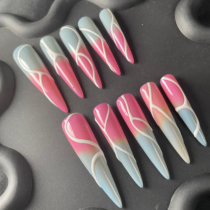 Pink Grey Swirl Stiletto Ombre Nails