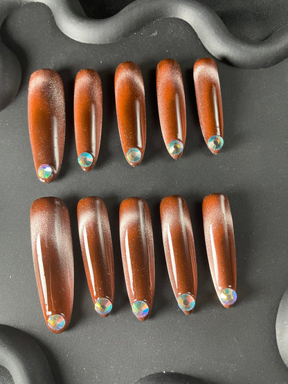 Rhinestone Cat Eye Almond Brown Ombre Nails