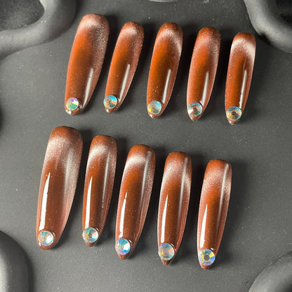 Rhinestone Cat Eye Almond Brown Ombre Nails