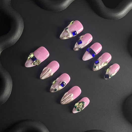 3D Diamond Almond Pink Ombre Nails