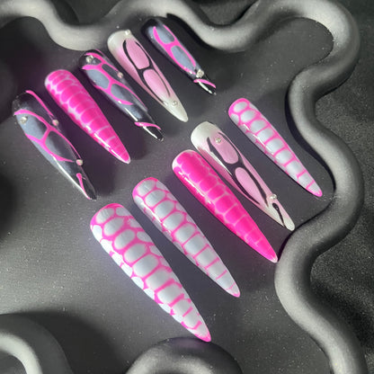 Crocodile Flame Stiletto Hot Pink Ombre Nails