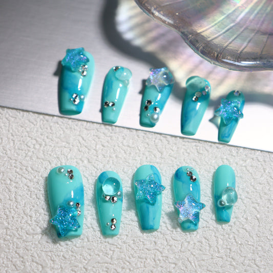 Coffin Teal Nails Star Ocean Press on