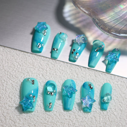 Coffin Teal Nails Star Ocean Press on