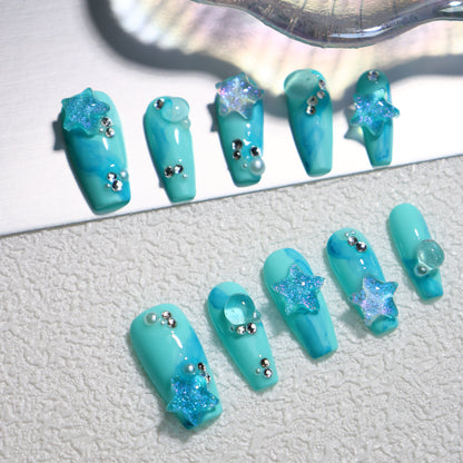 Coffin Teal Nails Star Ocean Press on