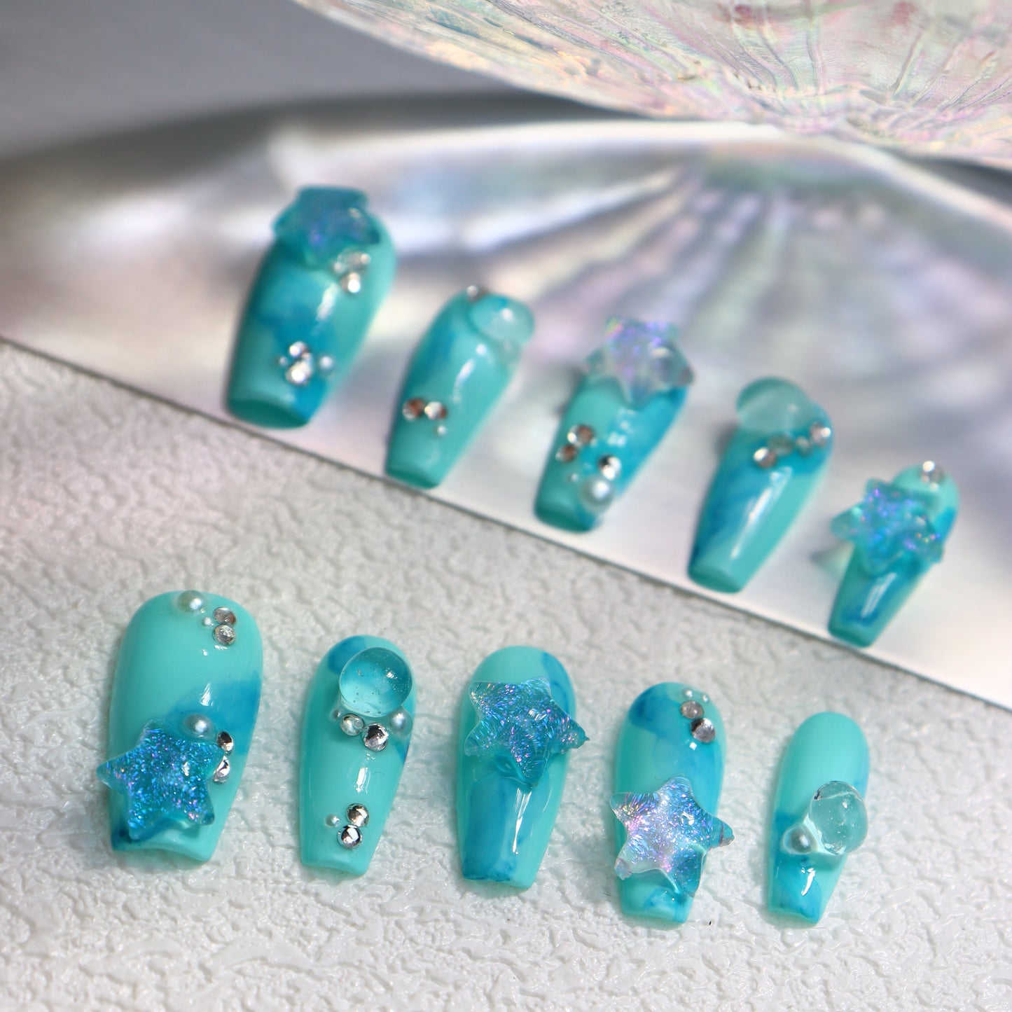 Coffin Teal Nails Star Ocean Press on