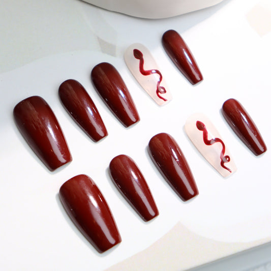 Dark Maroon Nails Snake Coffin Press on