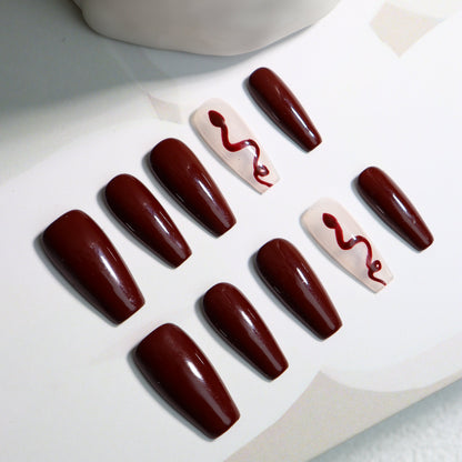 Dark Maroon Nails Snake Coffin Press on