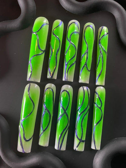 Abstract Swirl Coffin Green Ombre Nails