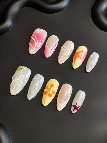 Shell And Starfish Almond White Ombre Nails