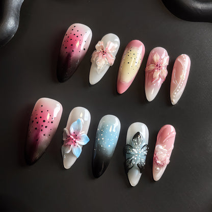 3D Jelly Flower Almond Pink Ombre Nails