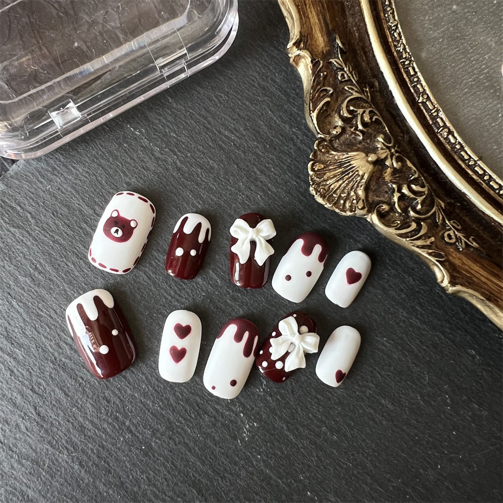 White Red Nail Art Short Acrylic Birthday