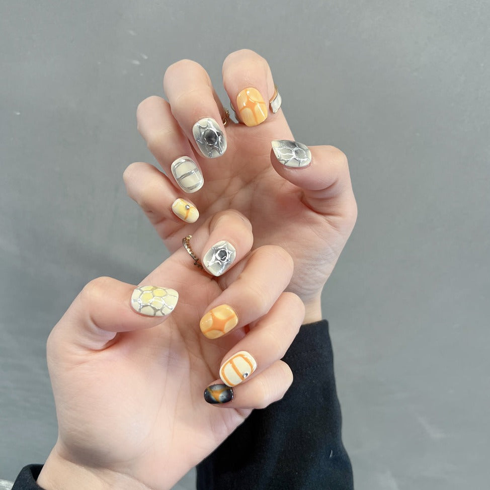 Y2k Nails Short Yellow 3d Chrome Press On