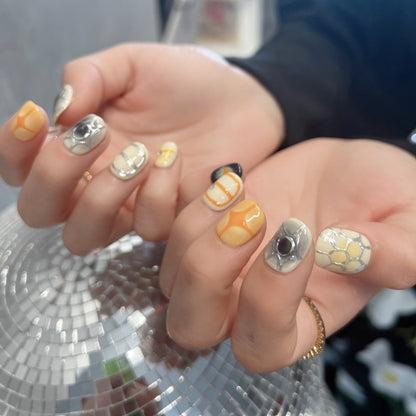 Y2k Nails Short Yellow 3d Chrome Press On