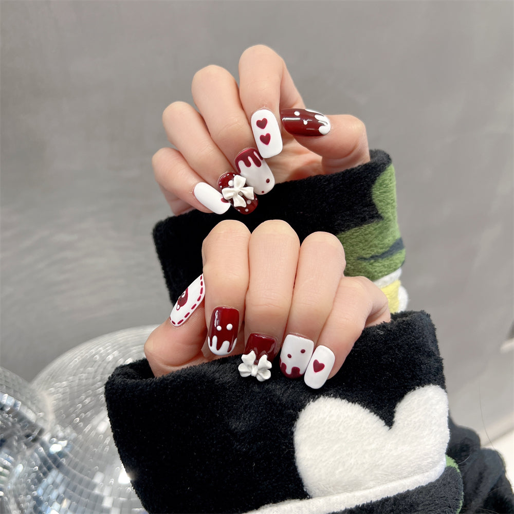 White Red Nail Art Short Acrylic Birthday