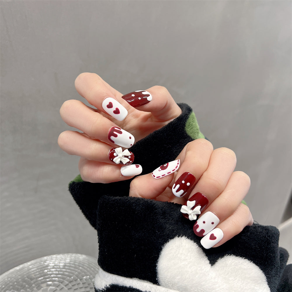 White Red Nail Art Short Acrylic Birthday