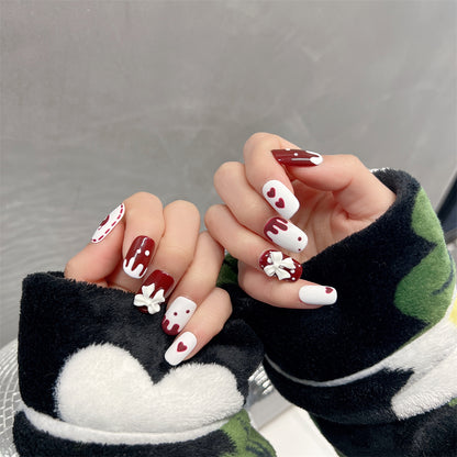 White Red Nail Art Short Acrylic Birthday