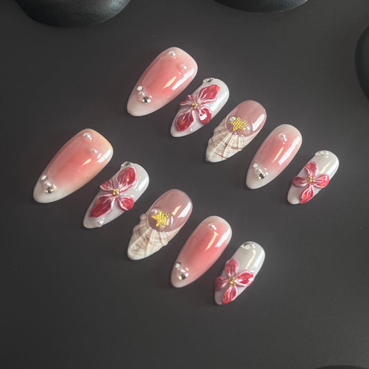 Hawaiian 3D Flower Almond Ombre Nails