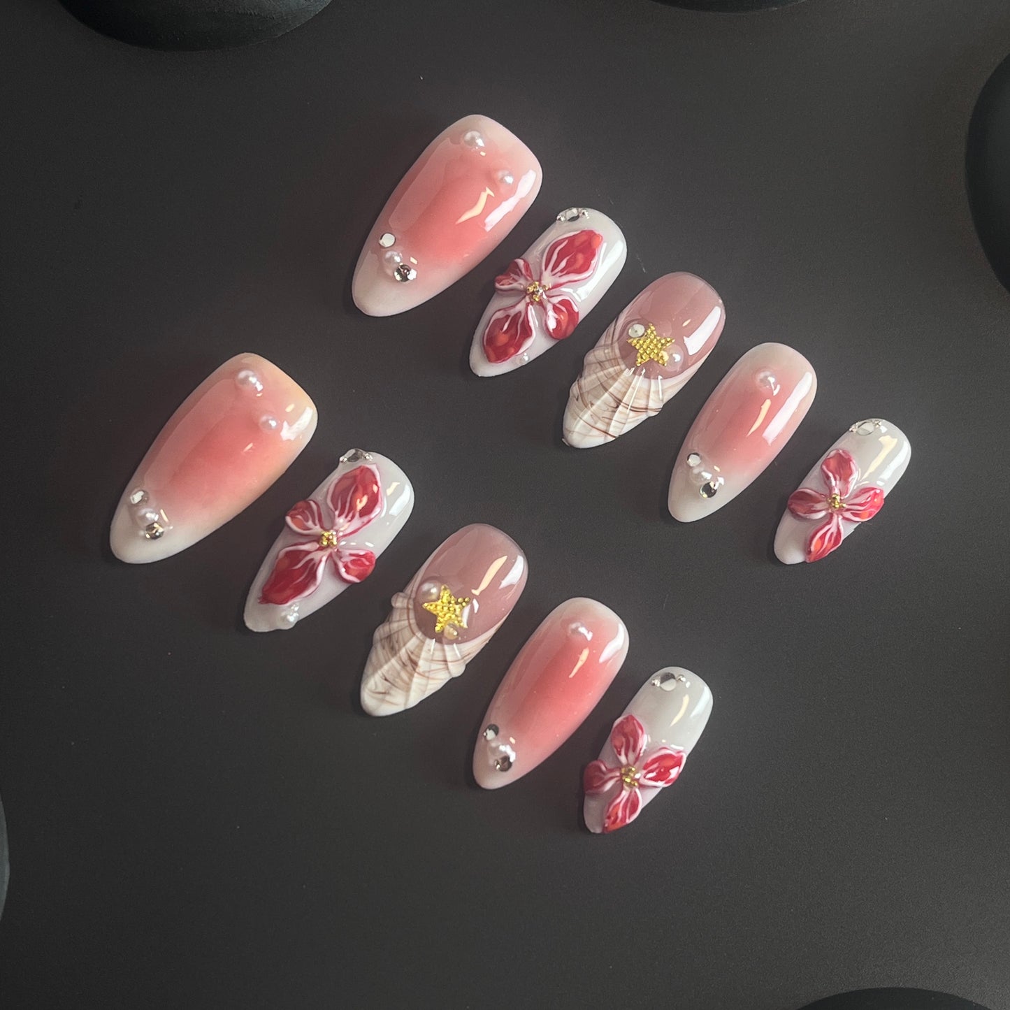 Hawaiian 3D Flower Almond Ombre Nails