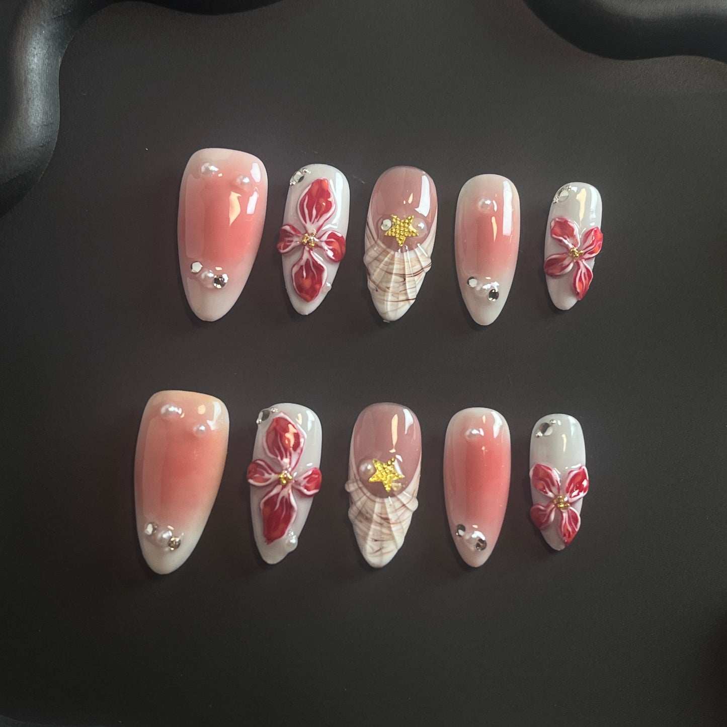 Hawaiian 3D Flower Almond Ombre Nails