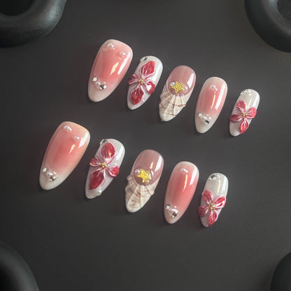 Hawaiian 3D Flower Almond Ombre Nails