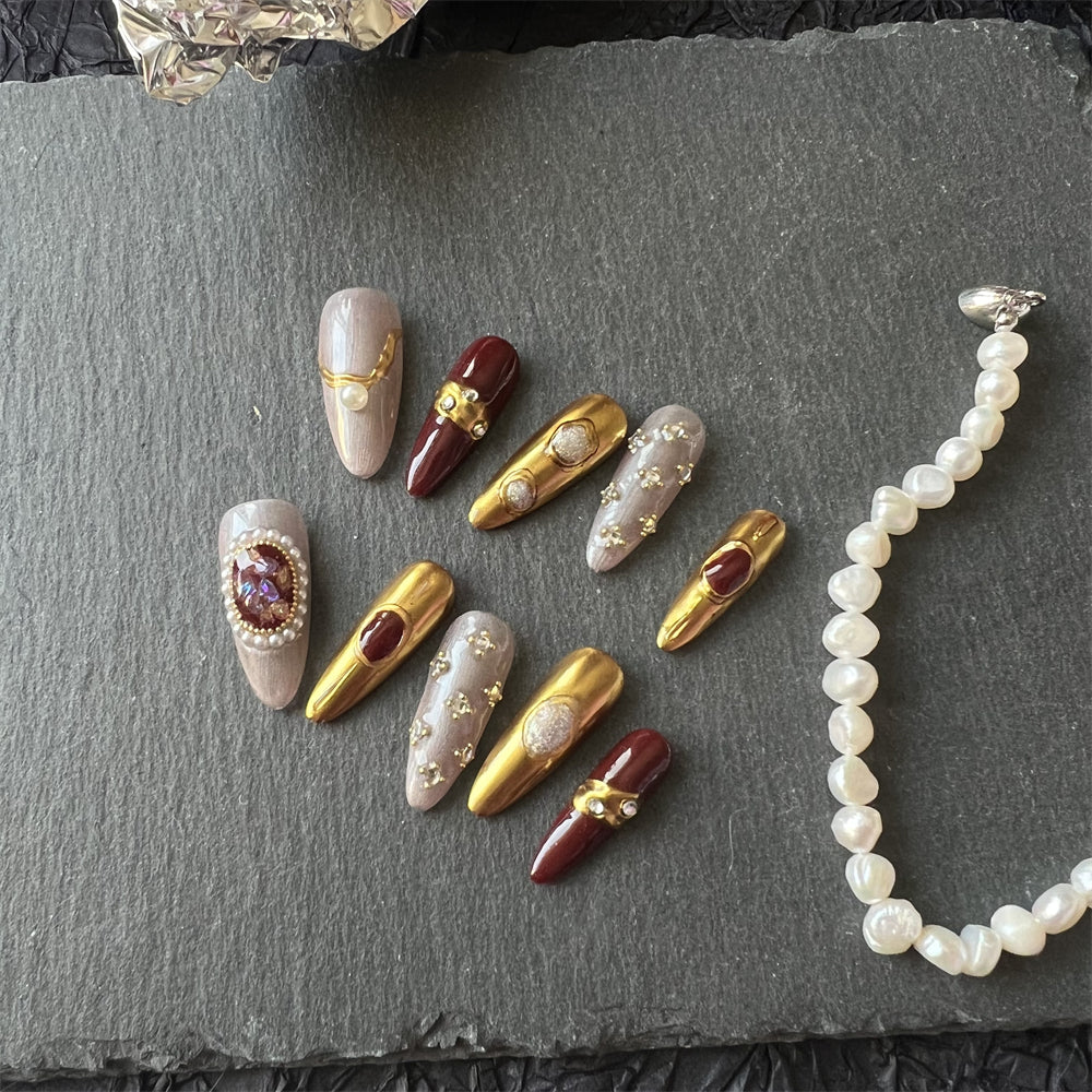 Burgundy Gold Nails Pearl Chrome Stiletto Art