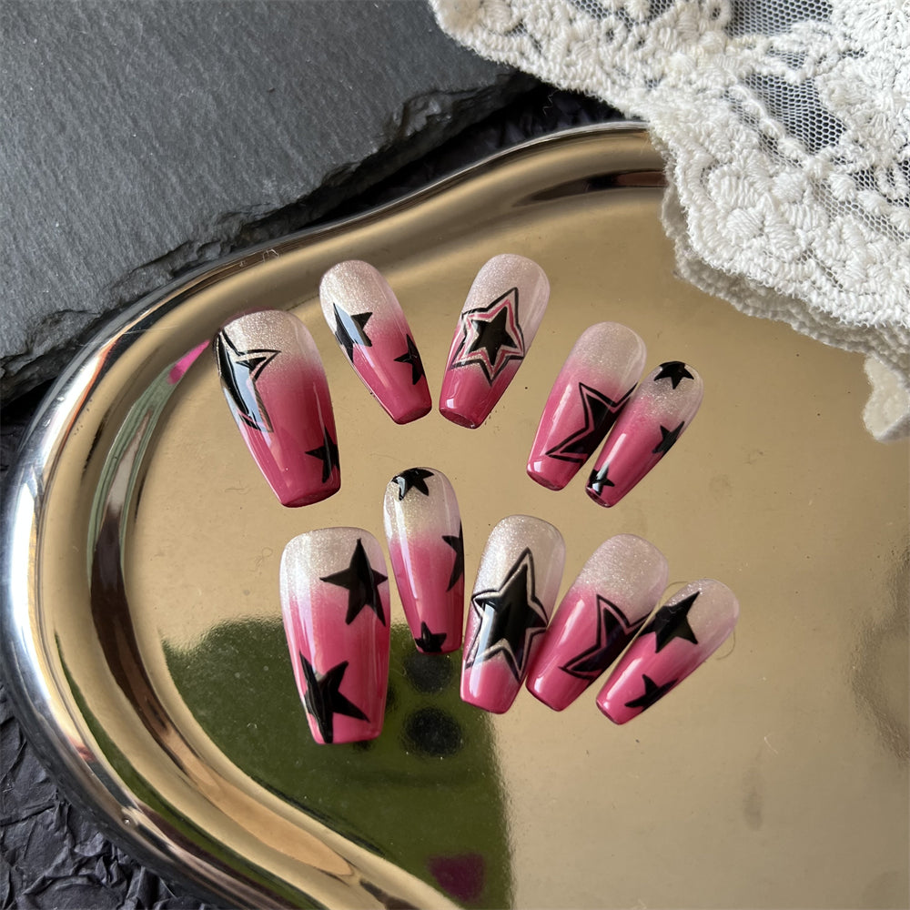 Black Stars Nails Summer Hot Pink Ombre Designs