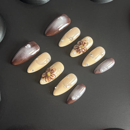 Mocha 3D Flower Almond Ombre Nails