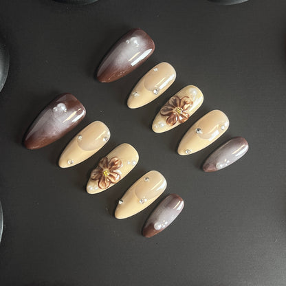 Mocha 3D Flower Almond Ombre Nails