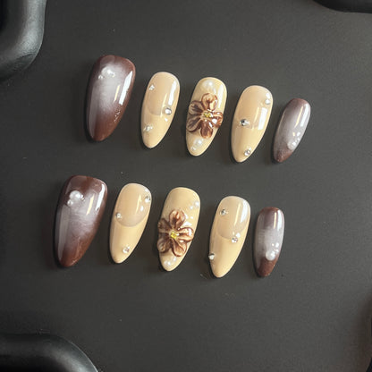 Mocha 3D Flower Almond Ombre Nails