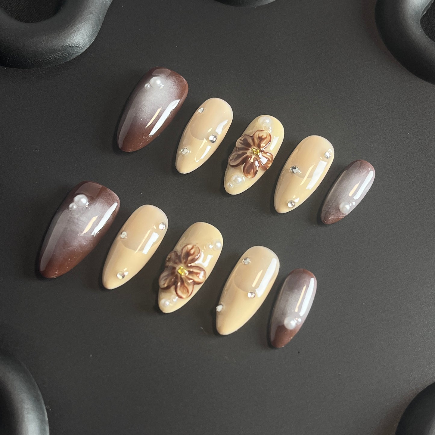 Mocha 3D Flower Almond Ombre Nails