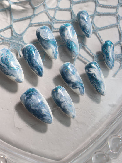 Ocean Wave Nails Marble Almond Press on