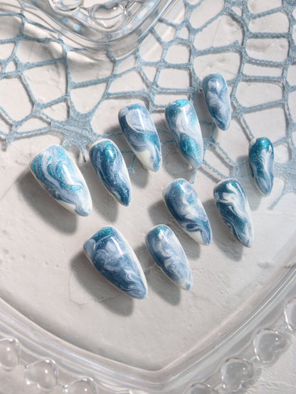 Ocean Wave Nails Marble Almond Press on