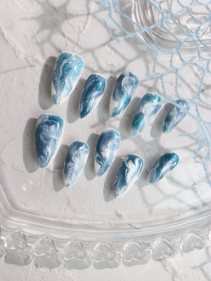 Ocean Wave Nails Marble Almond Press on