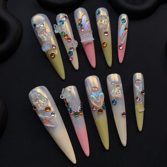 3D Rhinestone Glazed Stiletto Yellow Ombre Nails