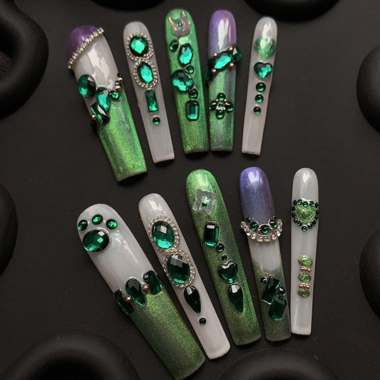 Emerald Rhinestone Glitter Coffin Green Ombre Nails