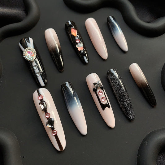 Bad Girls Rhinestone Almond Black Ombre Nails