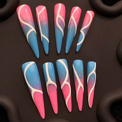 Blue Pink Swirl Stiletto Ombre Nails