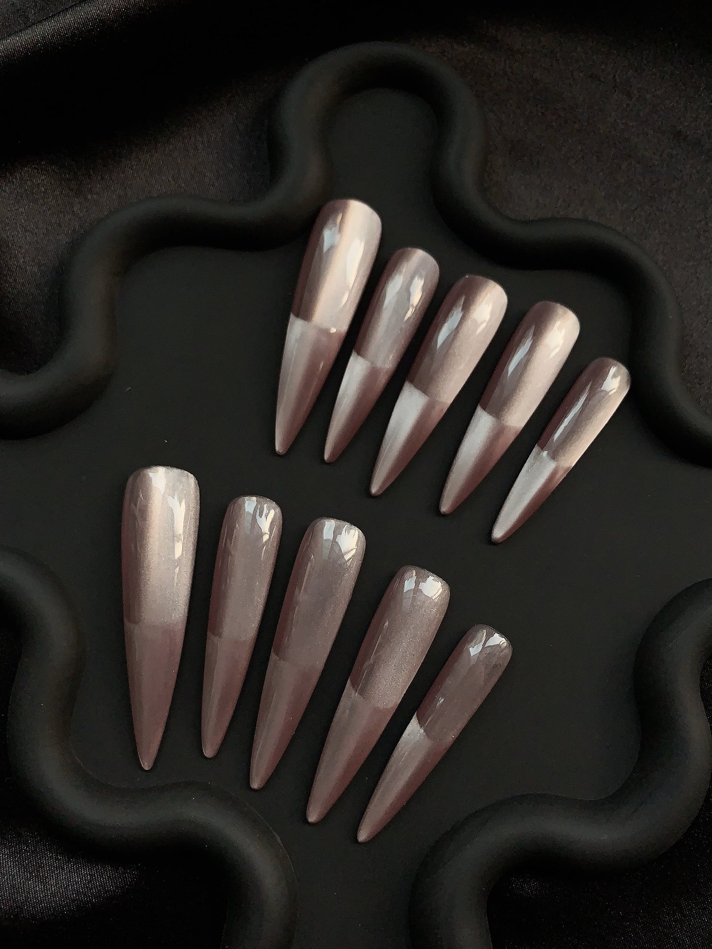 Brown Cat Eye French Stiletto Ombre Nails