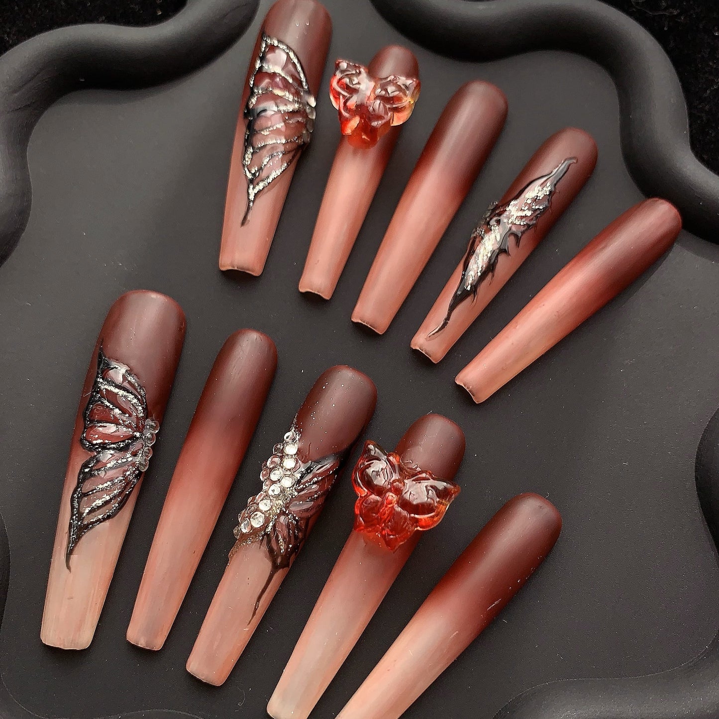 Butterfly Matte Coffin Brown Ombre Nails