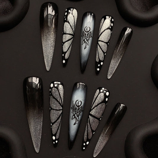 Butterfly Wing Stiletto Black Ombre Nails