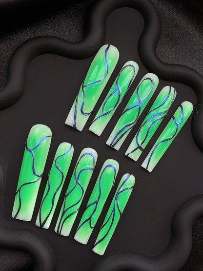 Abstract Swirl Coffin Green Ombre Nails