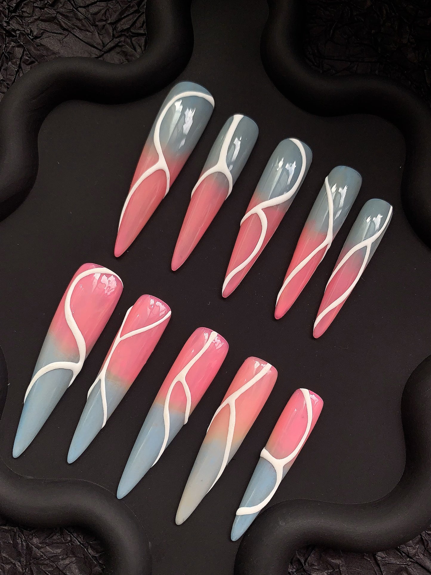 Pink Grey Swirl Stiletto Ombre Nails