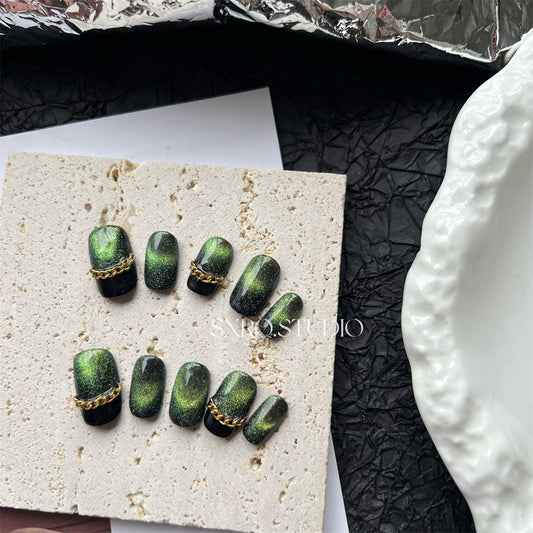 Green Cat Eye Nails Press On