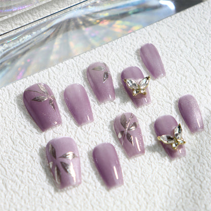 Butterfly Nails Purple Cat Eye Short Coffin