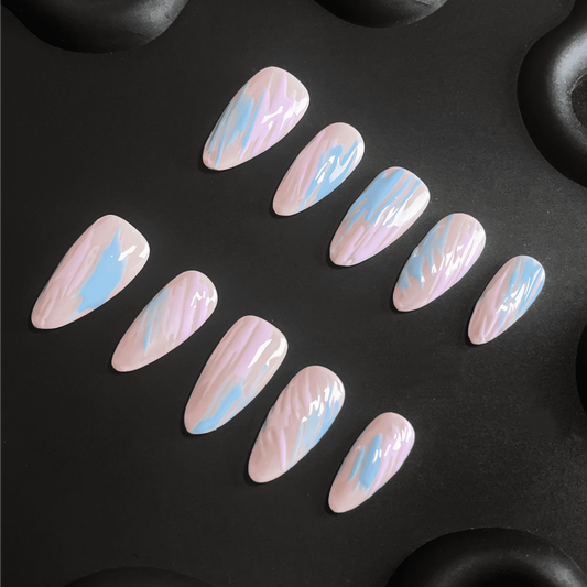 Pink Bule Wave Almond Ombre Nails