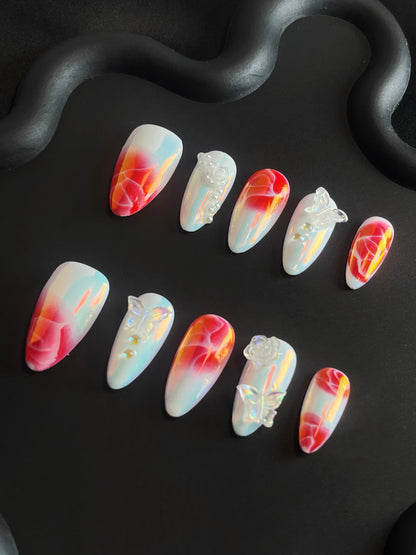 Rose Petals Butterfly Almond Ombre Nails