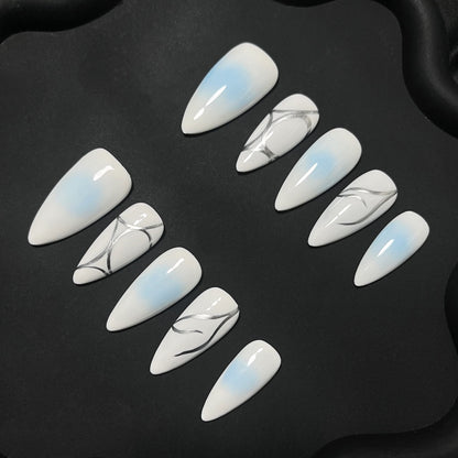 Blue Aura Silver Line Almond Ombre Nails